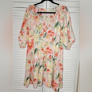 H&M Pink and Green V-Neck Puff Sleeve Sundress